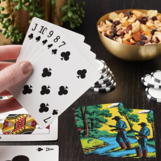 Fisherman on Riverbank  Playing Cards  (Retro Cowboy Fishing Riverside Scene Poker type playing cards . Easy to shuffle smooth card stock. )