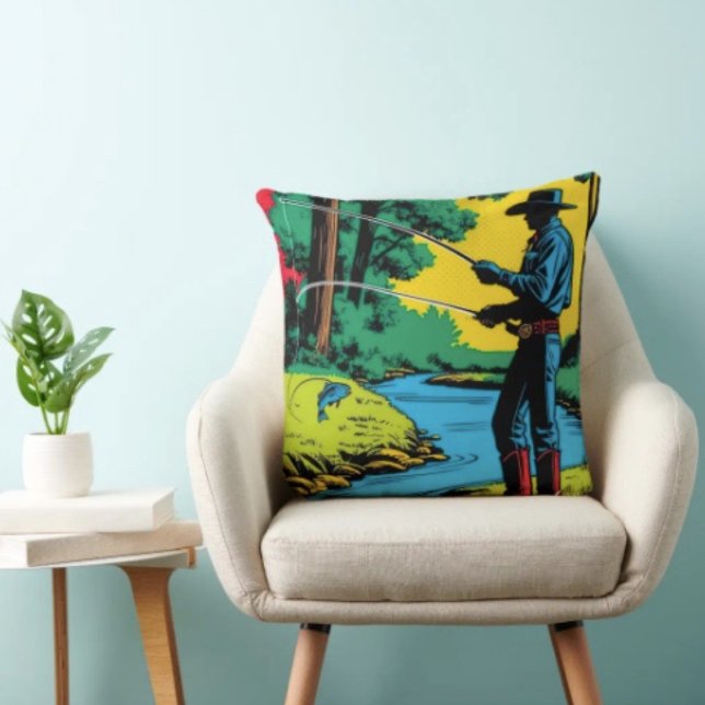 Fisherman on Riverbank Throw Pillow (Retro Cowboy Fishing Riverside Scene pillow high quality 100% polyester hidden zipper enclosure.
)