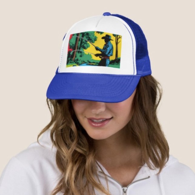 Fisherman on Riverbank Trucker Hat (Cowboy Fishing Trucker Hat   Adjust from 17" to 24" 100% polyester foam front 100% nylon mesh back. )