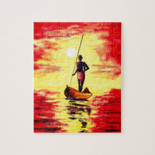 Fisherman On The Boat At Sunset Puzzle - Painting