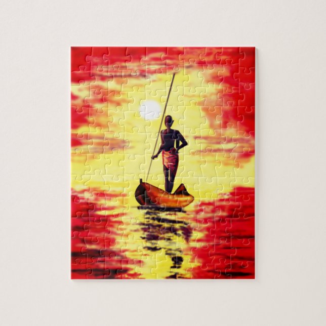 Fisherman On The Boat At Sunset Puzzle - Painting (Vertical)