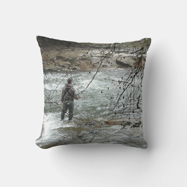 Fisherman River Steelhead Trout Fly Fishing Rapids Throw Pillow (Front)