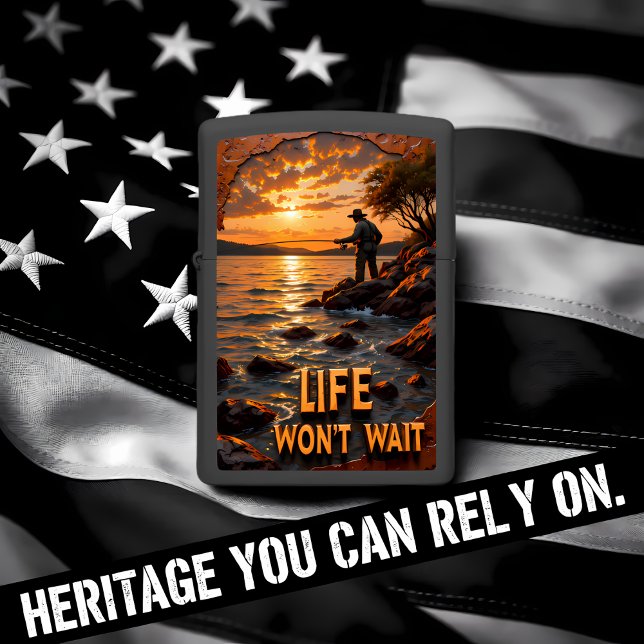 Fisherman Rocky Shoreline Sunset Orange Zippo Lighter (Creator Uploaded)