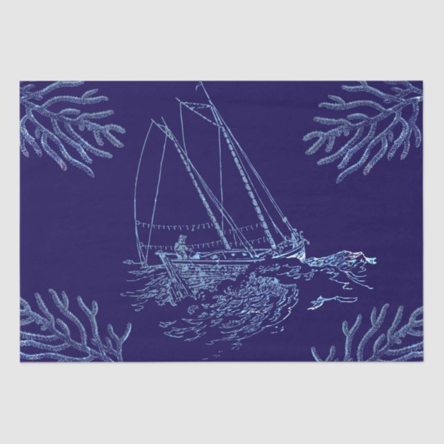 Fisherman Sailing Boat Corals on Navy Blue Tissue Paper (Front)