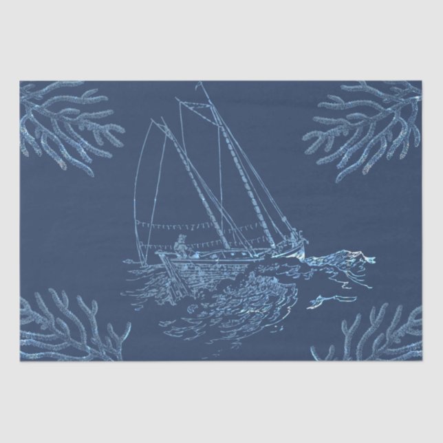 Fisherman Sailing Boat Corals on Navy Blue Tissue Paper (Front)