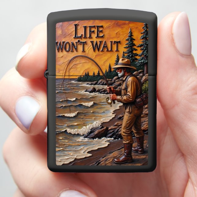 Fisherman Shoreline Casting Rod Bend Zippo Lighter (In Hand)