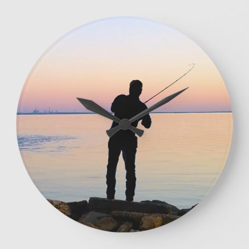 Fisherman Silhouette Fishing Large Clock