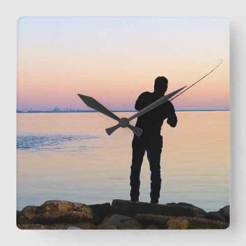 Fisherman Silhouette Fishing Square Wall Clock