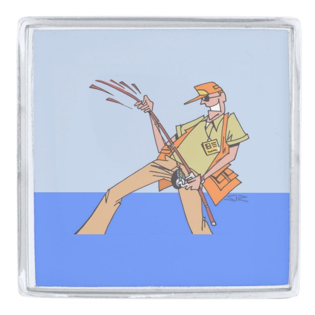 Fisherman silver large square lapel pin (Front)