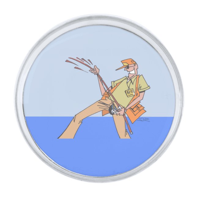 Fisherman silver round lapel pin (Front)