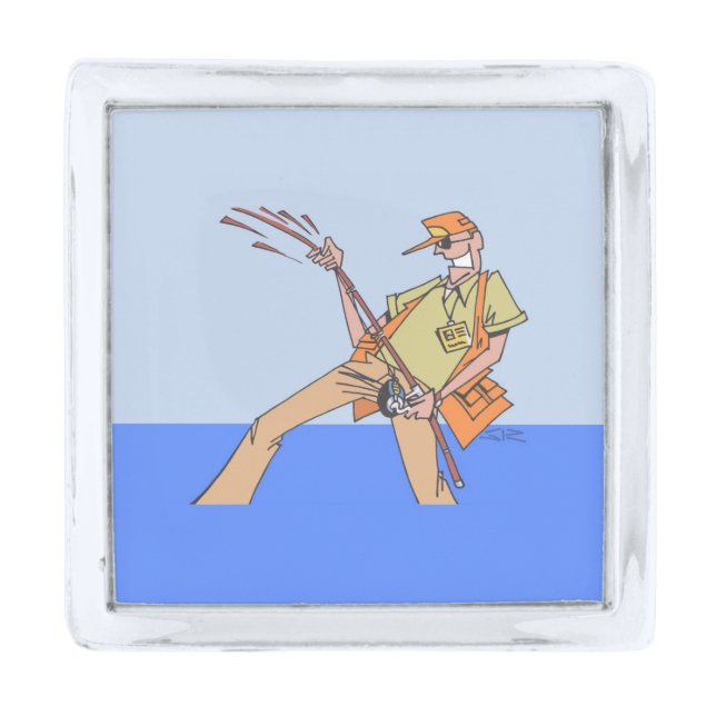 Fisherman silver small square lapel pin (Front)