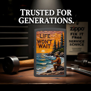 Fisherman Sitting Rocky Shore Sunset Zippo Lighter