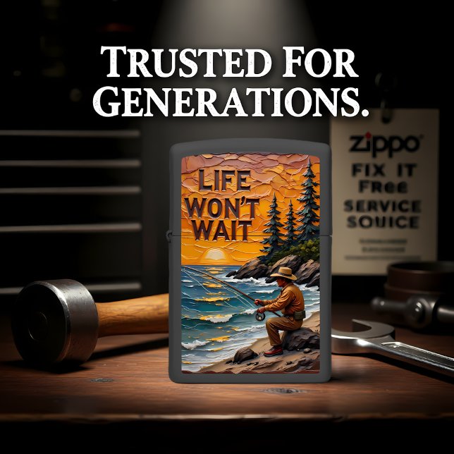 Fisherman Sitting Rocky Shore Sunset Zippo Lighter (Creator Uploaded)