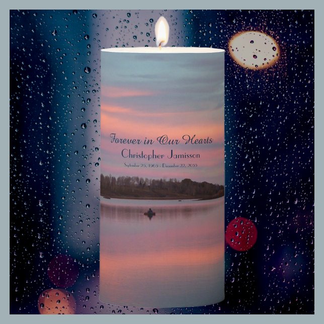 Fisherman Sunset on Lake Pink Sky Memorial Pillar Candle (Creator Uploaded)