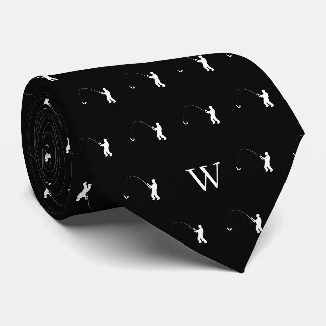 Fisherman Tackle Bait Monogram Initial Black White Neck Tie (Rolled)