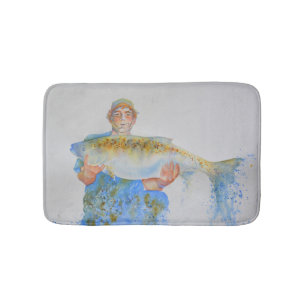 Fisherman watercolor painting fishing gift for him bathroom mat