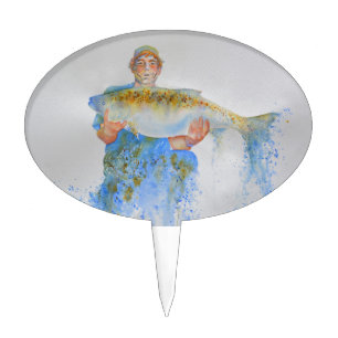 Fisherman watercolor painting fishing gift for him cake topper