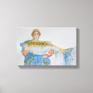Fisherman watercolor painting fishing gift for him canvas print