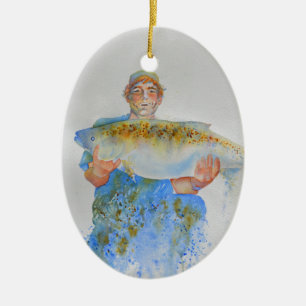 Fisherman watercolor painting fishing gift for him ceramic ornament
