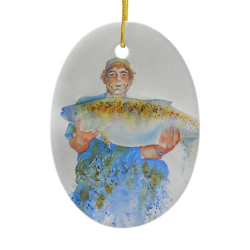 Fisherman watercolor painting fishing gift for him ceramic ornament
