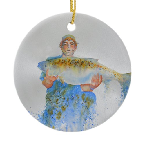 Fisherman watercolor painting fishing gift for him ceramic ornament