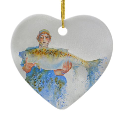 Fisherman watercolor painting fishing gift for him ceramic ornament