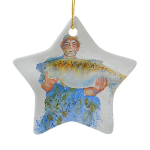 Fisherman watercolor painting fishing gift for him ceramic ornament