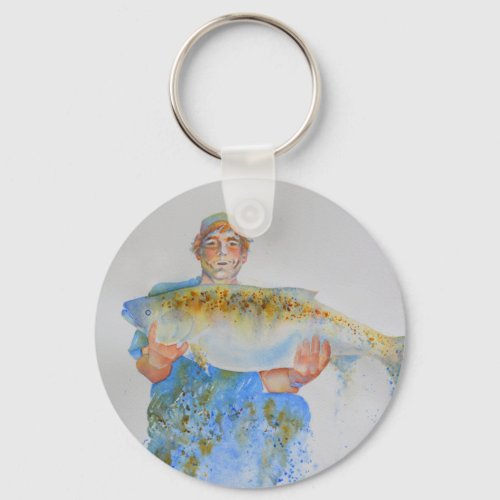 Fisherman watercolor painting fishing gift for him keychain