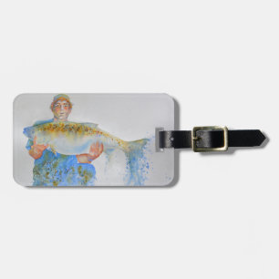 Fisherman watercolor painting fishing gift for him luggage tag