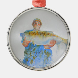 Fisherman watercolor painting fishing gift for him metal ornament