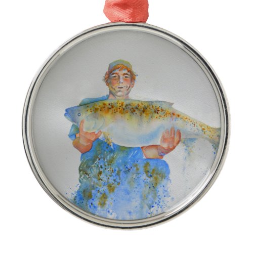 Fisherman watercolor painting fishing gift for him metal ornament