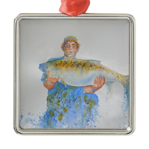 Fisherman watercolor painting fishing gift for him metal ornament