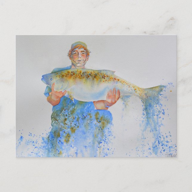 Fisherman watercolor painting fishing gift for him postcard (Front)