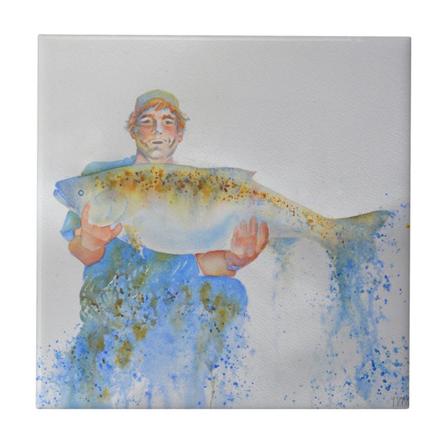 Fisherman watercolor painting fishing gift for him tile (Front)
