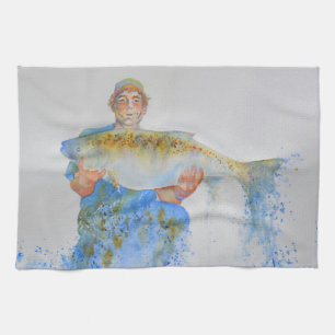 Fisherman watercolor painting fishing gift for him towel