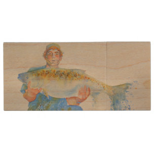 Fisherman watercolor painting fishing gift for him wood USB flash drive