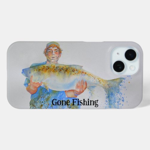 Fisherman watercolor painting gone fishing iPhone 15 case