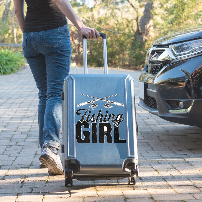 fisherman woman girl fishing fishing fishing sticker (Suitcase Insitu)