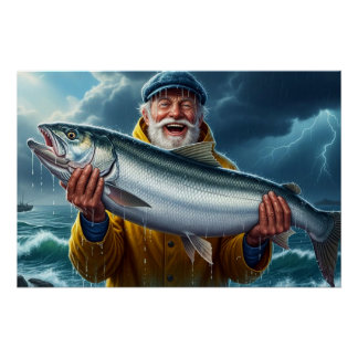 Fisherman's Big Fish Catch Ocean Poster
