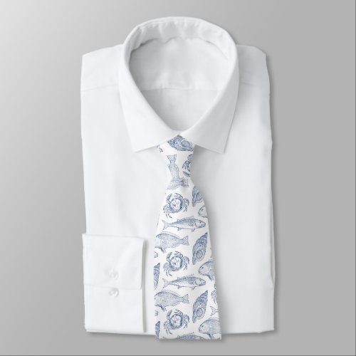Fishermans Catch of the Day Blue and White Neck Tie