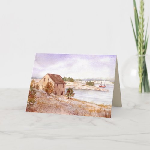 Fishermans House Norway Coast Watercolor Painting Card