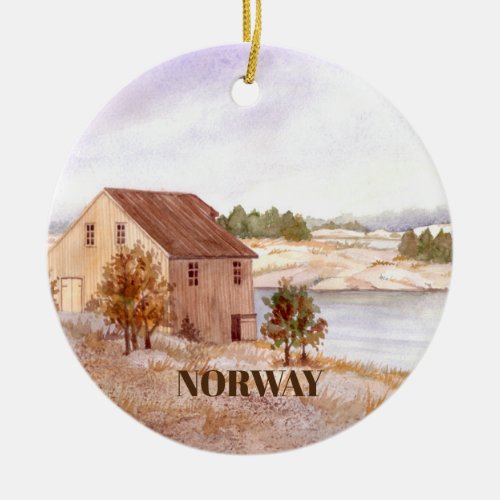 Fishermans House Norway Coast Watercolour Ceramic Ornament