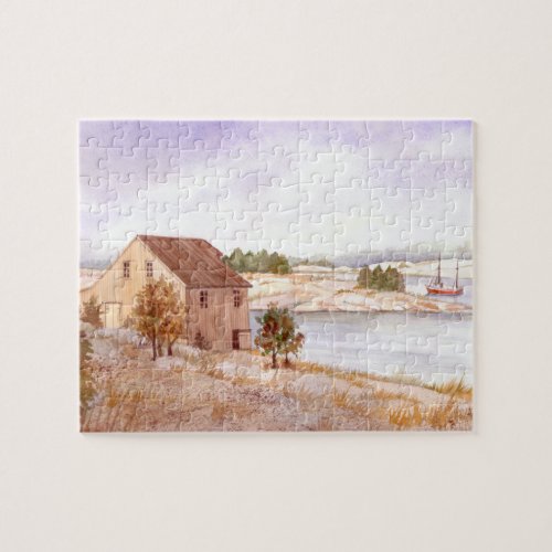 Fishermans House Norway Coast Watercolour Jigsaw Puzzle
