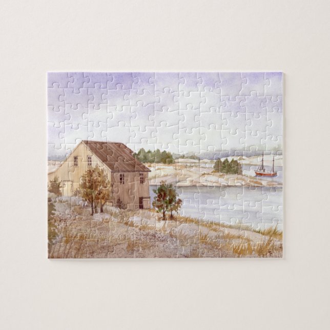 Fisherman's House Norway Coast Watercolour Jigsaw Puzzle (Horizontal)