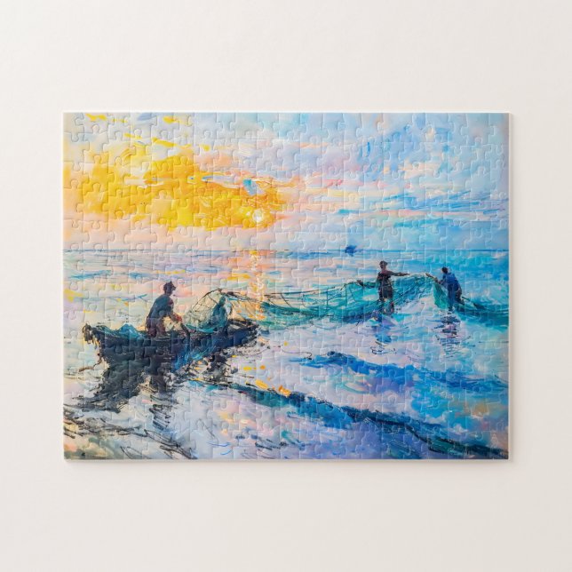 Fishermen at Sunset Impressionist Coastal Scene Jigsaw Puzzle (Horizontal)
