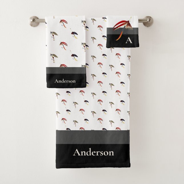  Fishermen Fly Fishing Flies Gray Black White Bath Towel Set (Insitu)