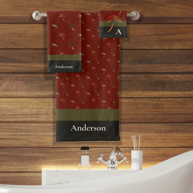 Fishermen Fly Fishing Flies Maroon Olive Bath Bath Towel Set (Creator Uploaded)