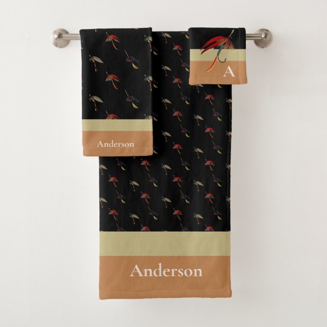  Fishermen Fly Fishing Flies Taupe Black Tan Bath Towel Set (Insitu)