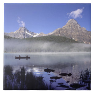 Fishermen in canoe on Waterfowl Lake, Banff Ceramic Tile