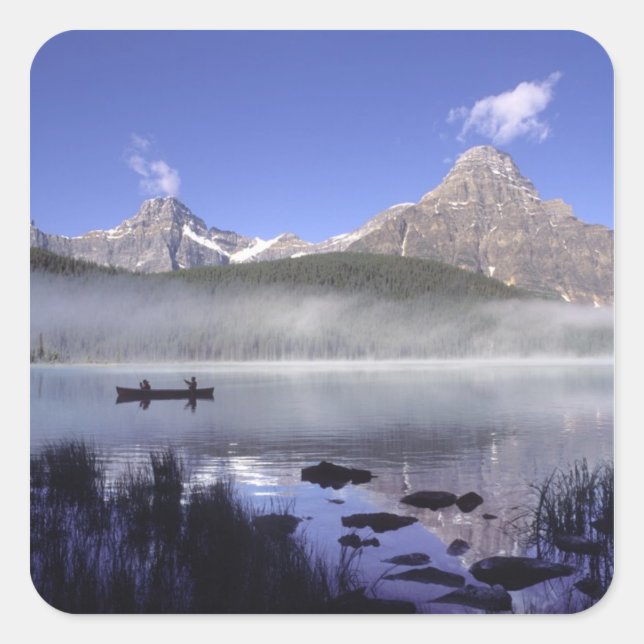 Fishermen in canoe on Waterfowl Lake, Banff Square Sticker (Front)